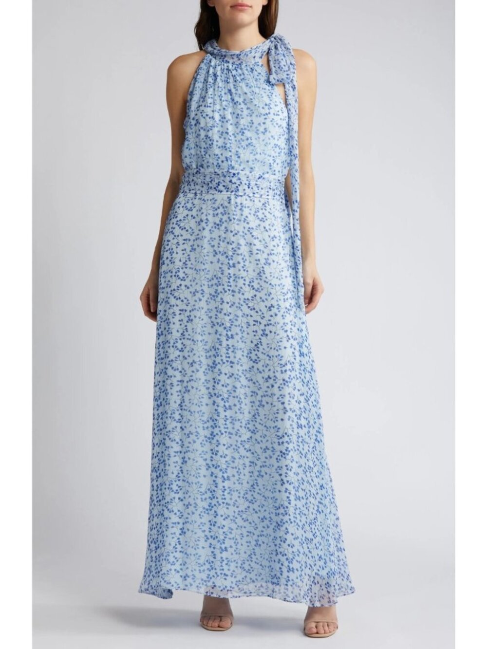 Sachin & Babi Kayla Womens Floral Halter Gown Maxi Dress Twig Blue Plus Size 22W